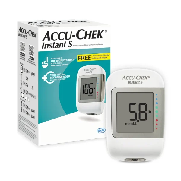 Accu Chek Instant S Blood Glucose Meter Imported by: Radiant Pharmaceuticals Limited The Accu-Chek Instant S Blood Glucose Meter is a small, portable device used to measure blood glucose levels. It is designed for people with diabetes who need to monitor their blood glucose levels regularly. Features: Fast and accurate: The Accu-Chek Instant S Blood Glucose Meter provides accurate blood glucose readings in just 4 seconds. Easy to use: The Accu-Chek Instant S Blood Glucose Meter is easy to use, even for people who are new to blood glucose monitoring. Small and portable: The Accu-Chek Instant S Blood Glucose Meter is small and portable, making it easy to carry with you wherever you go. Large display: The Accu-Chek Instant S Blood Glucose Meter has a large, easy-to-read display. Memory: The Accu-Chek Instant S Blood Glucose Meter stores glucose readings. How To Use The Accu-Chek Instant S Blood Glucose Meter Wash your hands thoroughly with soap and water. Place a test strip in the Accu-Chek Instant S Blood Glucose Meter. Prick your finger with the lancing tool. Place a small drop of blood on the test strip. The Accu-Chek Instant S Blood Glucose Meter will automatically measure your blood glucose levels and display the results on the screen.